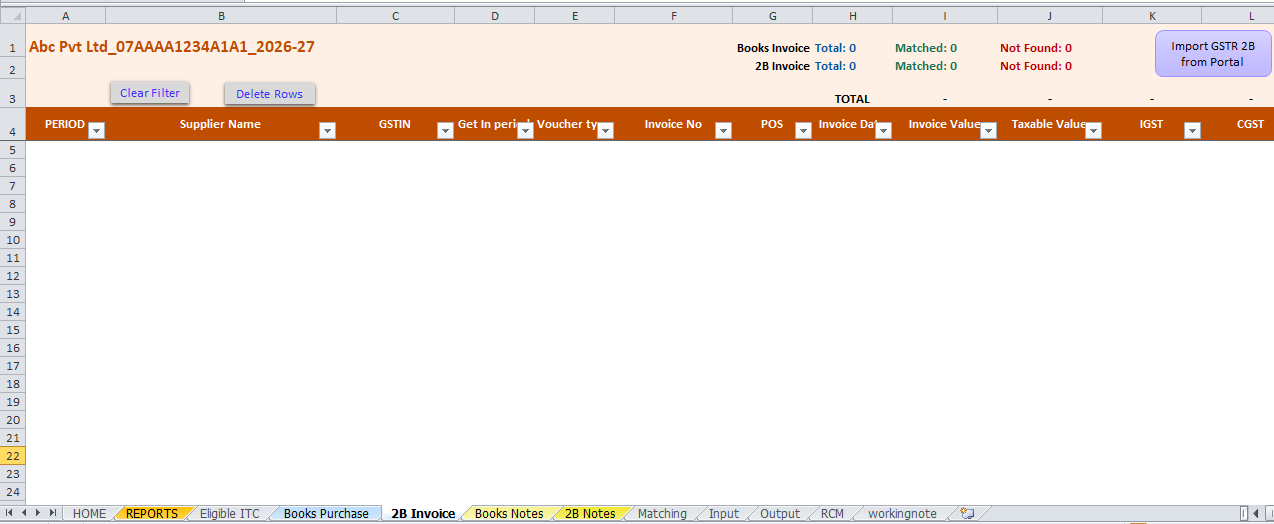 RecoGST 2B Invoice sheet with Import GSTR 2B from Portal button
