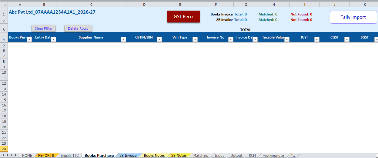 RecoGST Books Purchase sheet with Tally Import button