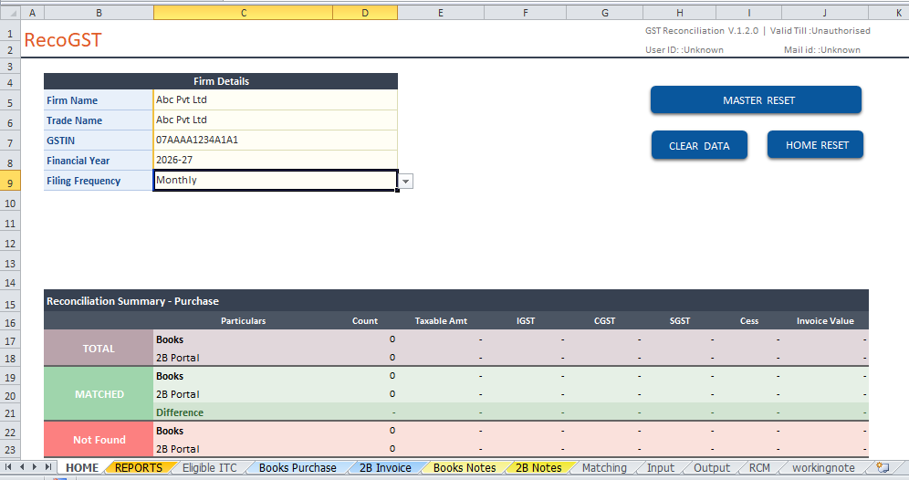 RecoGST Home screen with firm details and reconciliation summary