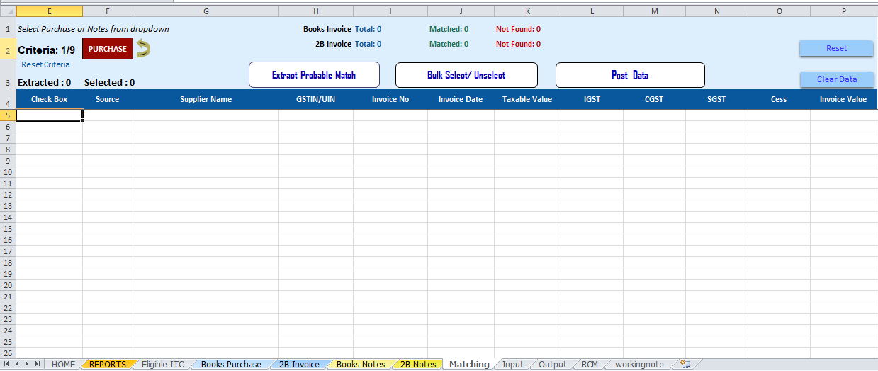 RecoGST Matching sheet with Extract Probable Match and Post Data buttons